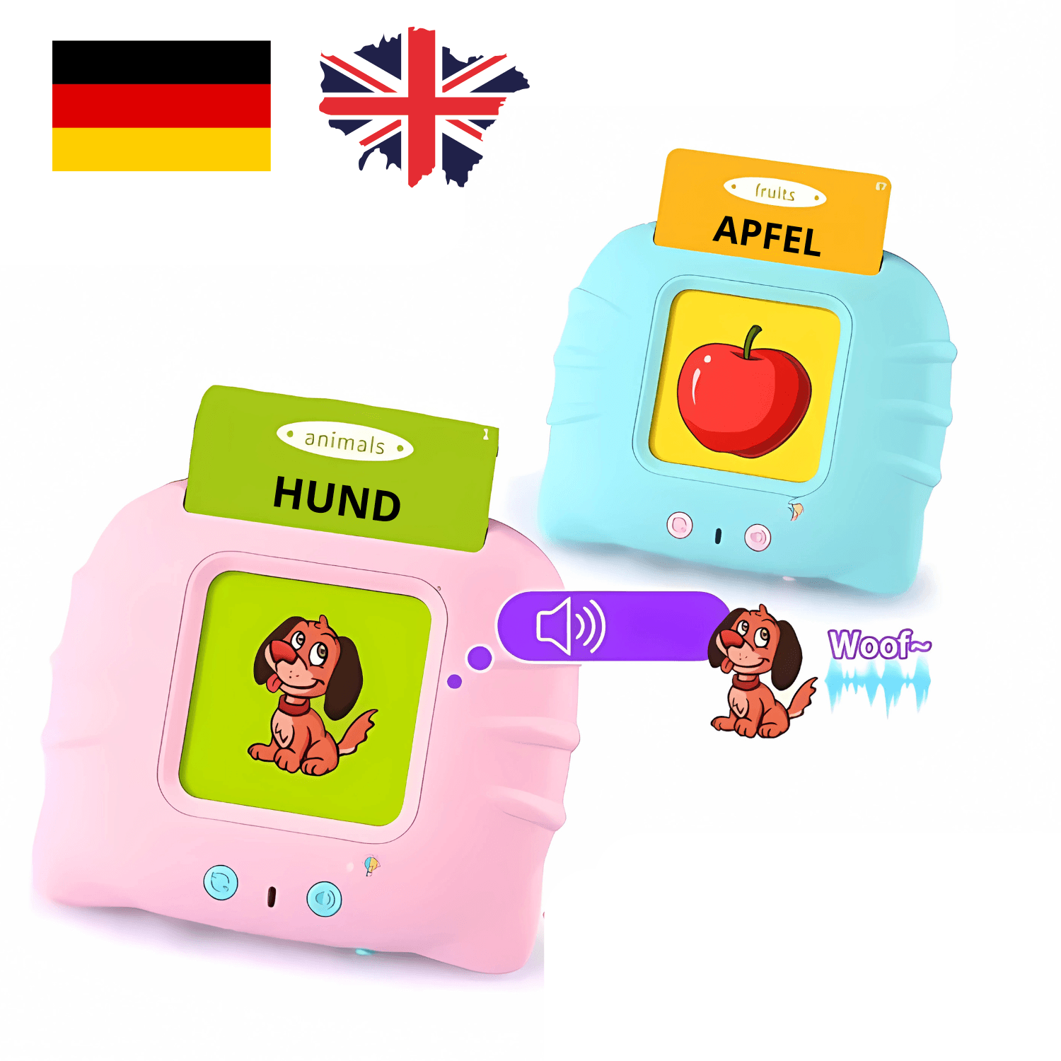 Grafika ukazující mluvící čtečky Kinderspeech v růžové a modré barvě s německými kartami „HUND“ a „APFEL“, zdůrazňující možnost výuky němčiny a angličtiny. Tento soubor nese název Nevtelen_terv_54.