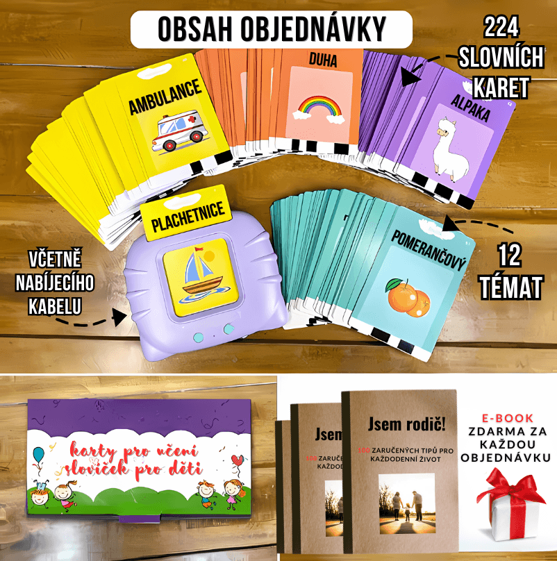 Obsah sady mluvících karet Kinderspeech zahrnující 224 karet, 12 témat, čtečku s nabíjecím kabelem a e-book zdarma.