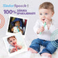 Propagační grafika KinderSpeech se zárukou 100% spokojenosti, zobrazující batolata používající kousátka pro rozvoj řeči a motoriky.