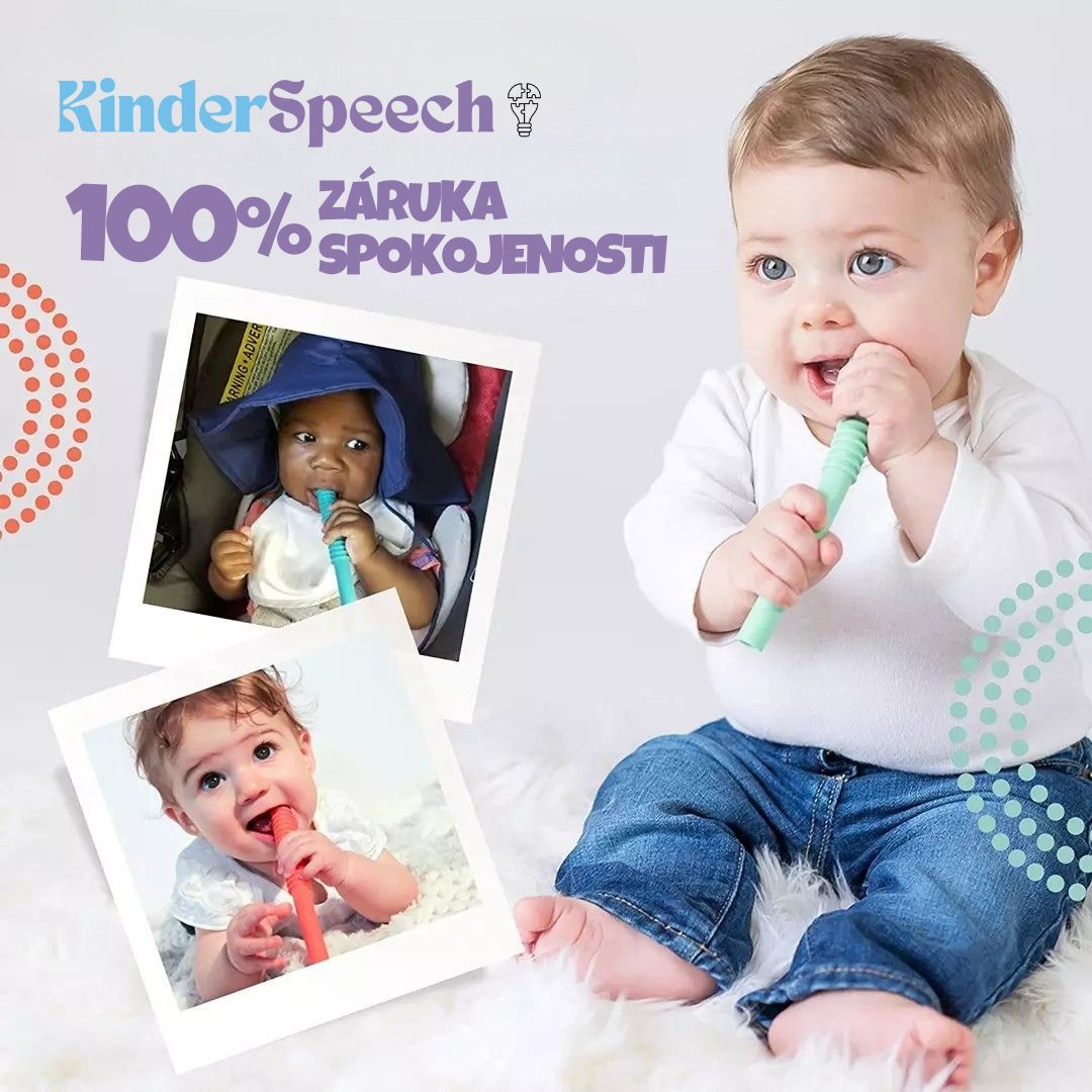 Propagační grafika KinderSpeech se zárukou 100% spokojenosti, zobrazující batolata používající kousátka pro rozvoj řeči a motoriky.