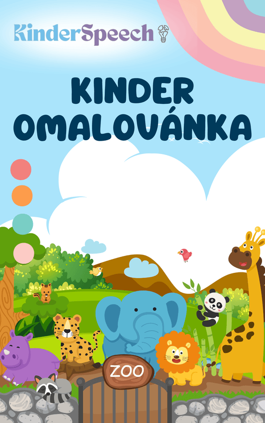 Obálka dětské omalovánky KinderSpeech s motivem ZOO, která zobrazuje různá zvířátka v přírodě.