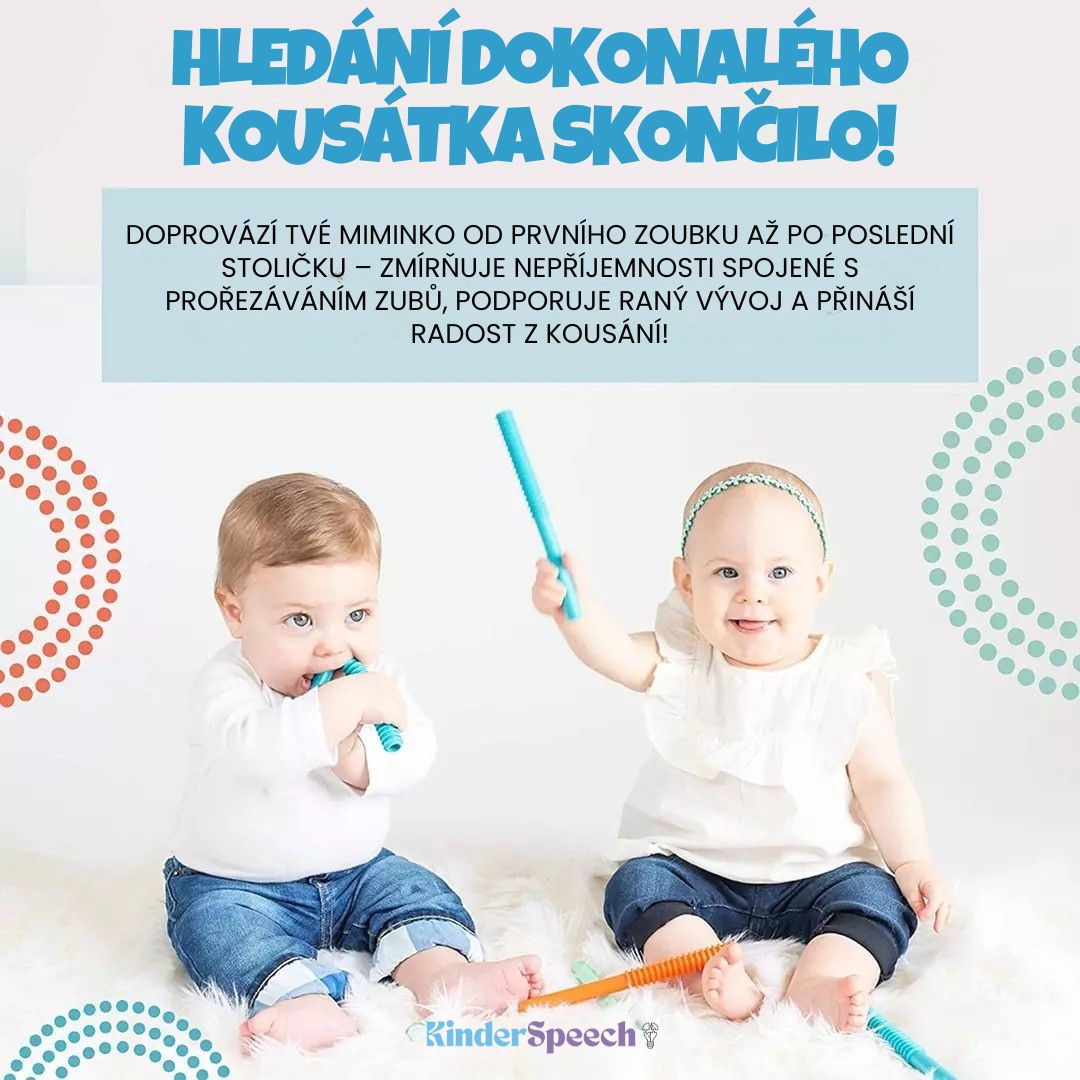 Informační grafika KinderSpeech o kousátkách pro miminka. Text uvádí, že hledání dokonalého kousátka skončilo, protože produkt provází dítě od prvního zoubku až po stoličky, zmírňuje nepříjemnosti při prořezávání a podporuje raný vývoj. Na obrázku jsou dvě spokojená miminka používající barevná kousátka.