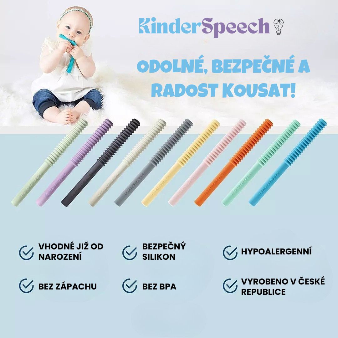Propagační grafika KinderSpeech s přehledem vlastností kousátek: vhodná od narození, hypoalergenní, z bezpečného silikonu bez BPA a vyrobená v České republice.