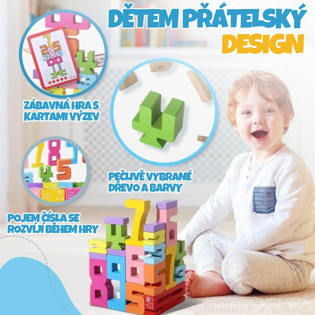  Dřevěné číselné kostky pro děti se vzdělávacími kartami a popisem výhod produktu.