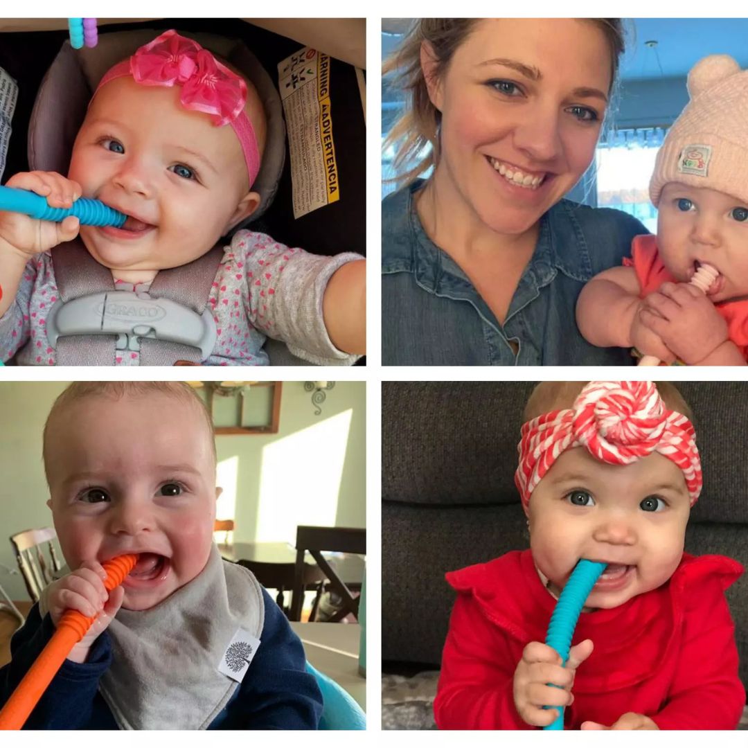 Koláž čtyř fotografií zachycující spokojená miminka a usmívající se maminku při používání kousátek KinderSpeech.