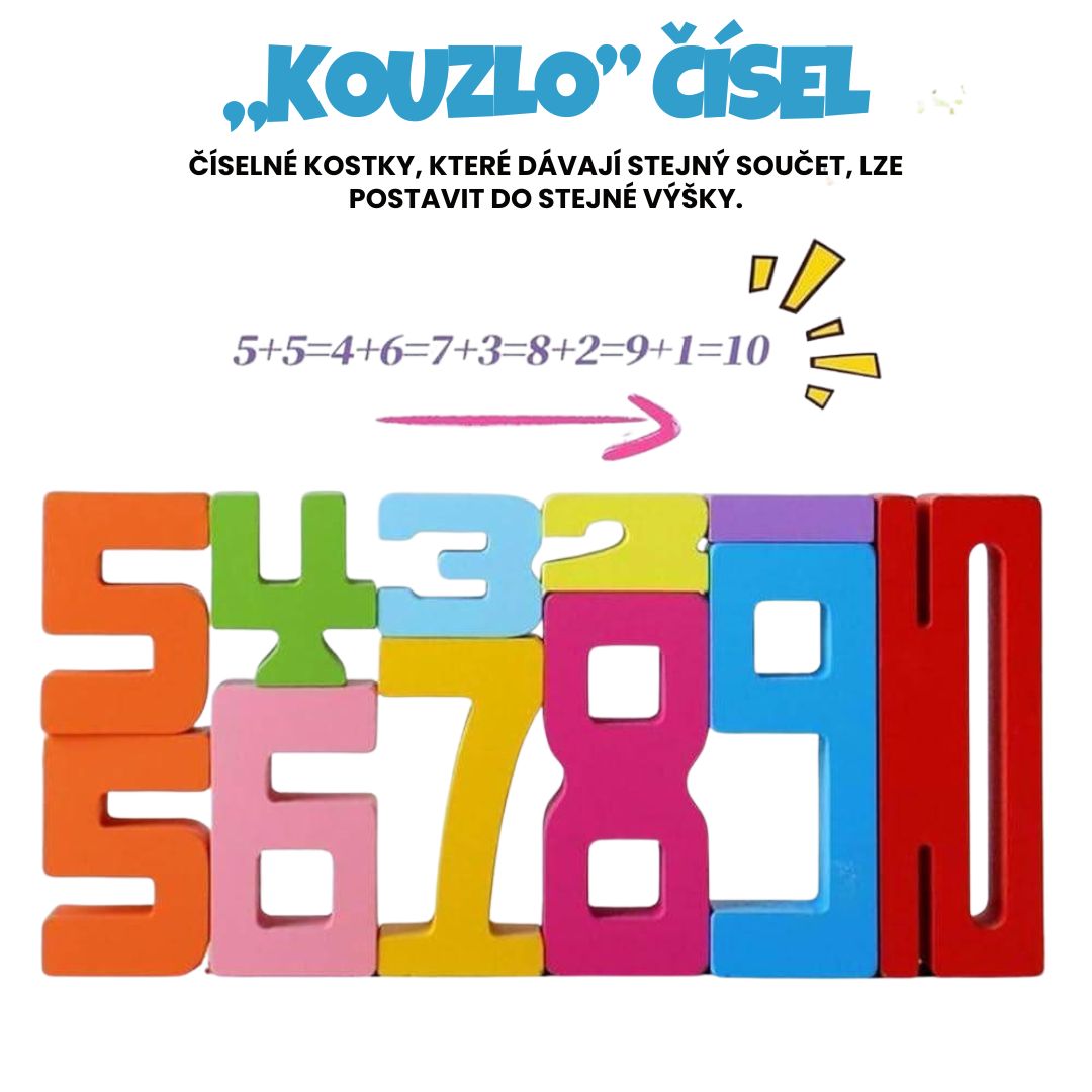 Edukační obrázek "Kouzlo čísel" vysvětlující princip sčítání pomocí různě vysokých barevných číselných kostek, které při stejném součtu dosahují stejné výšky.