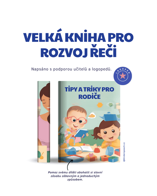 Grafika e-booku „Velká kniha pro rozvoj řeči“ s podtitulem „Tipy a triky pro rodiče“, vytvořená s podporou logopedů pro zábavné obohacování slovní zásoby dětí.