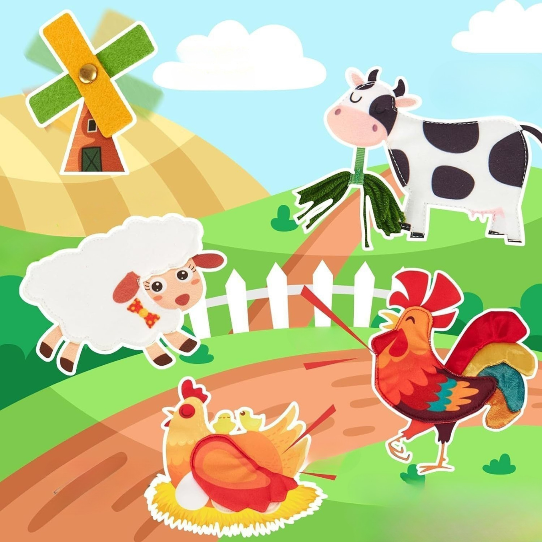 Barevná ilustrace zvířátek z farmy a větrného mlýna z interaktivní textilní knížky Kinderspeech pro děti.